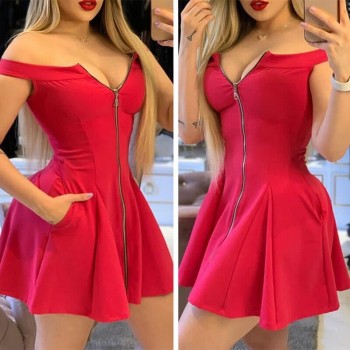 Sleeveless Off Shoulder Zipper Pocket Gothic Style Summer Mini Pleated Women Party Dress Sexy Red Birthday